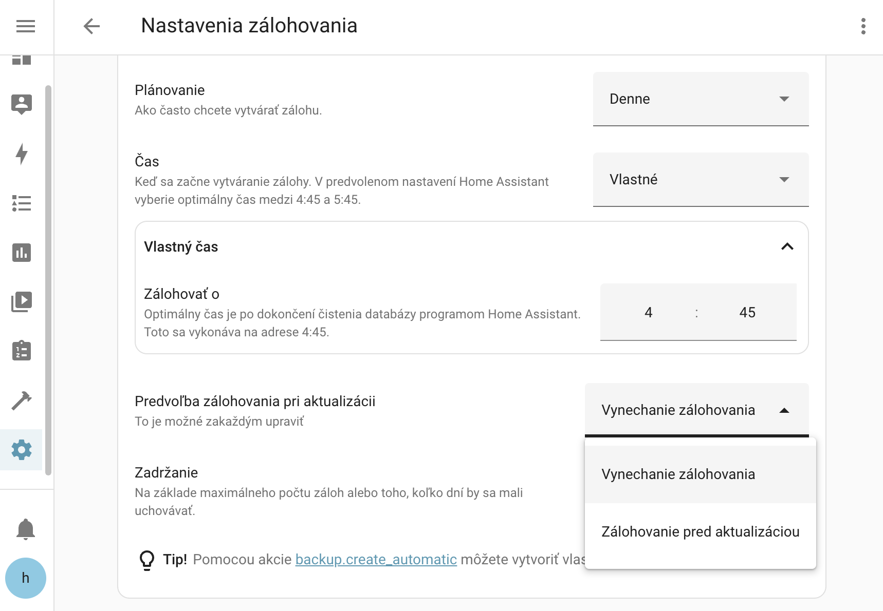 Nastavenie záloh pred aktualizáciou alter-text